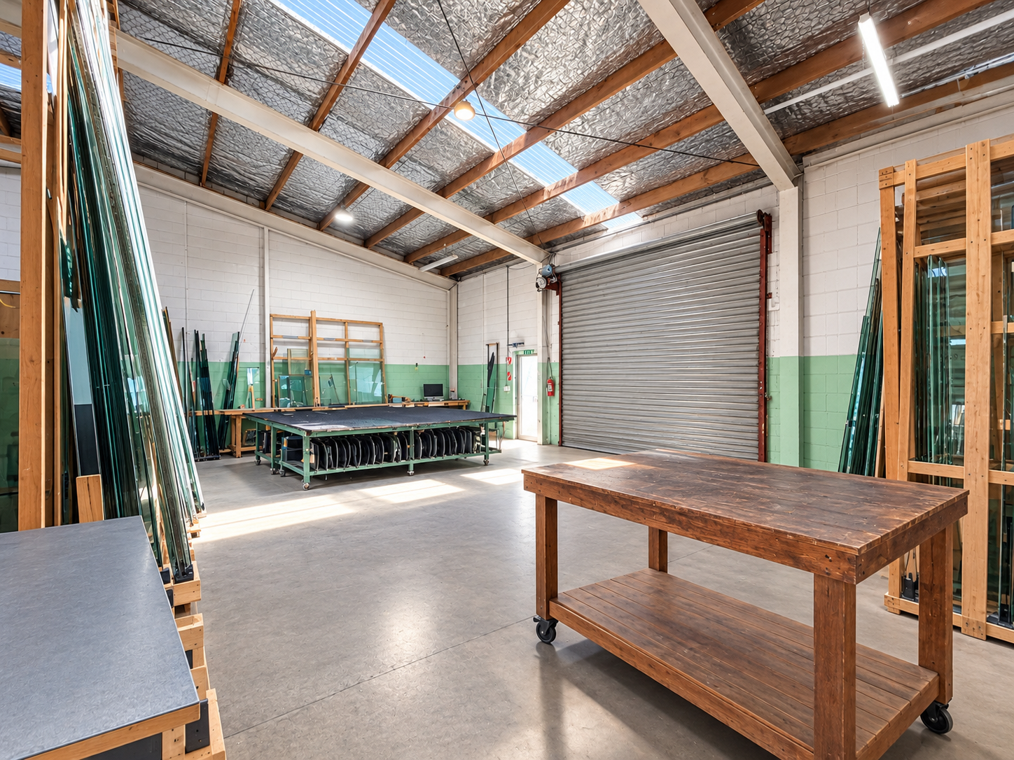 The Cutting Edge workshop with timber benches, glass racks and a roller door